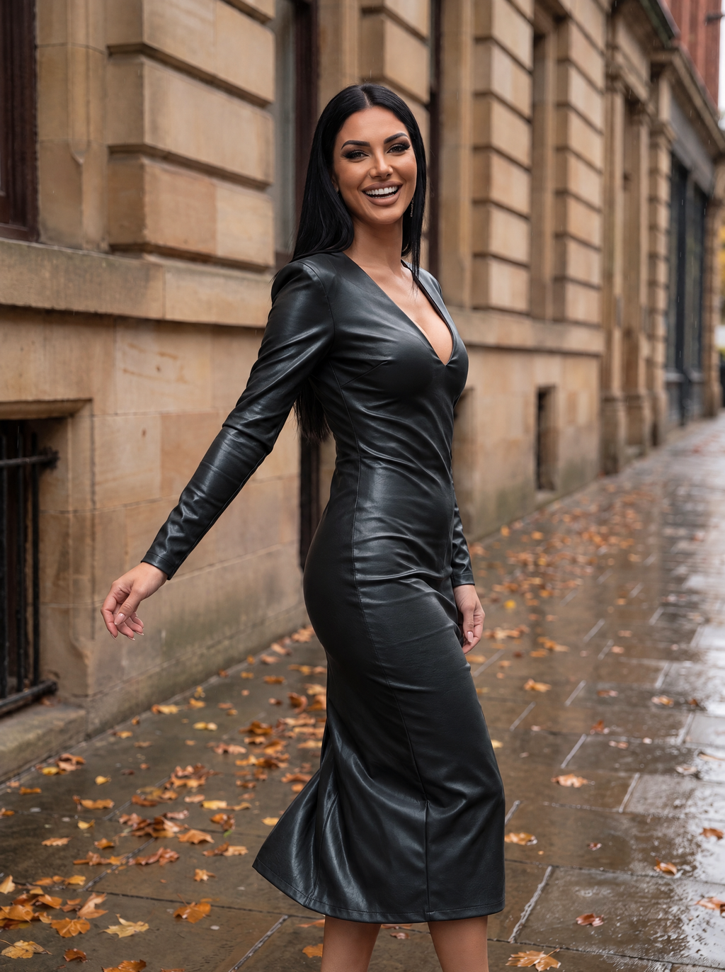 HEDDA nero – abito in ecopelle, passeggiata autunnale